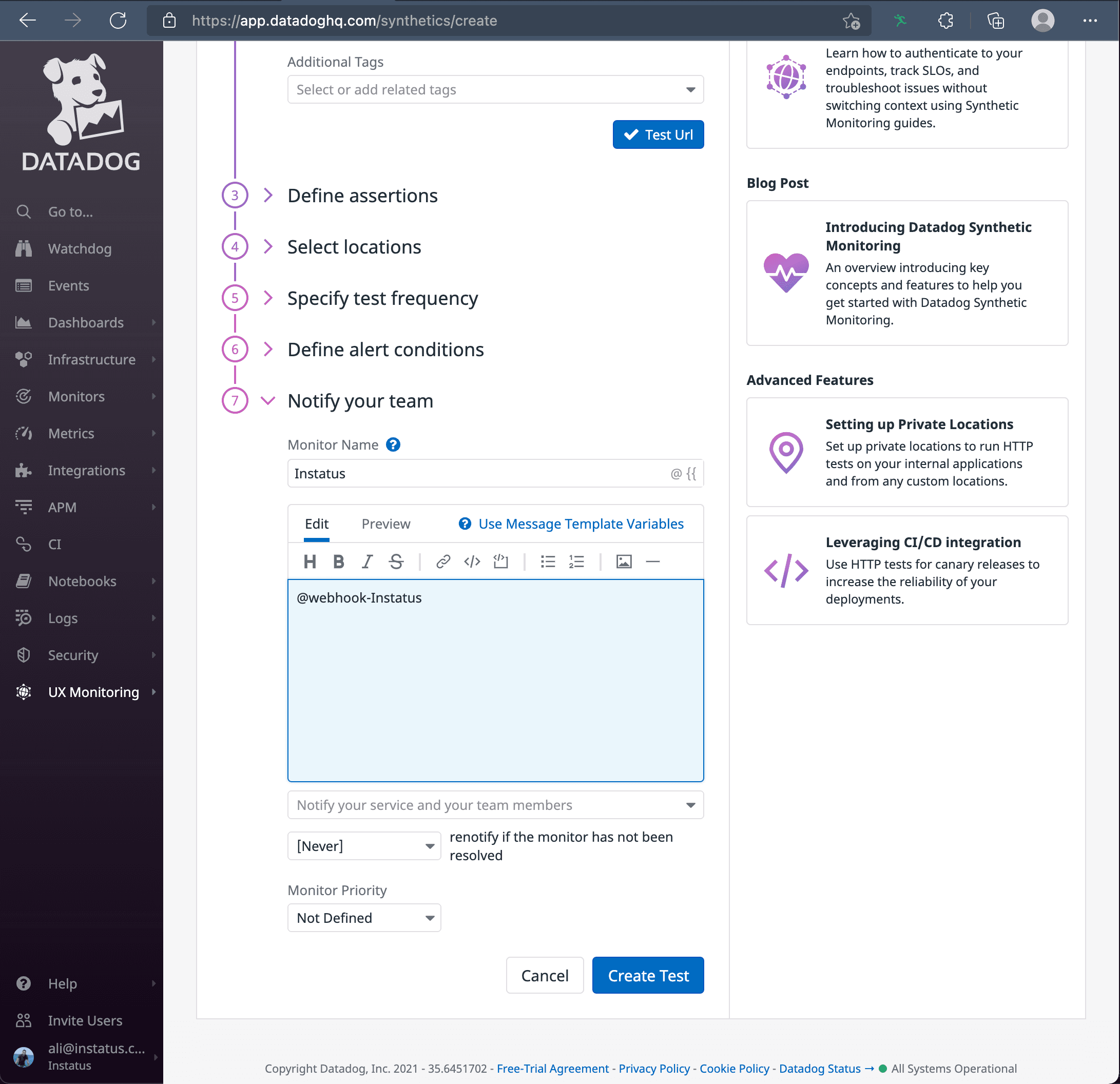 Datadog API test notififications